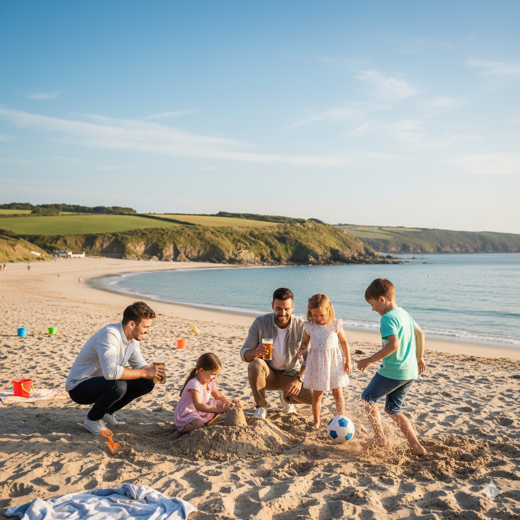 Parents_Entertaining_Children_Whllst_having _a_beer - Cornwall Footballgolf a family on the beach playing with a sandcastle, parents have beer in their hands