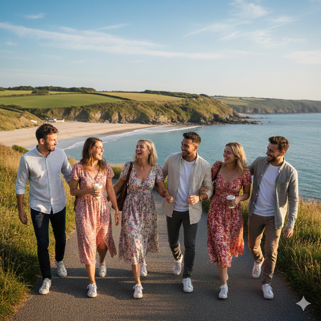 group of friends enjoying St Austell - Cornwall Footballgolf a group of friends walking up the hill from the beach