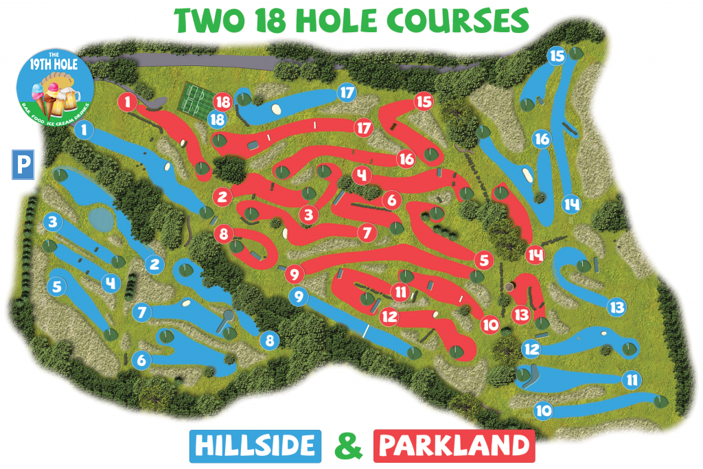 Map of the two 18 hole footballgolf courses at cornwall footballgolf - parkland and hillside