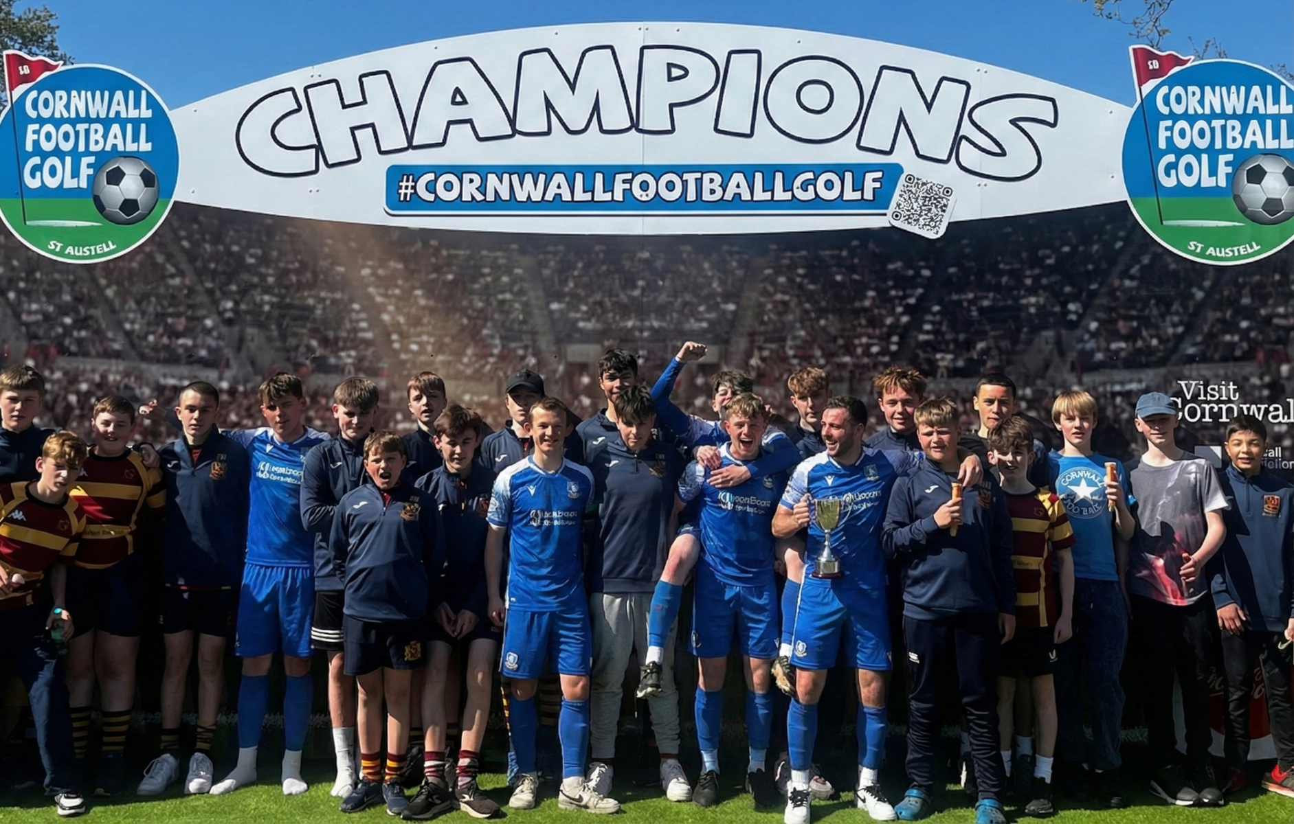 Football Presentation Evening - Cornwall Footballgolf Group of adult football players in front of the champions sign at cornwall footballgolf