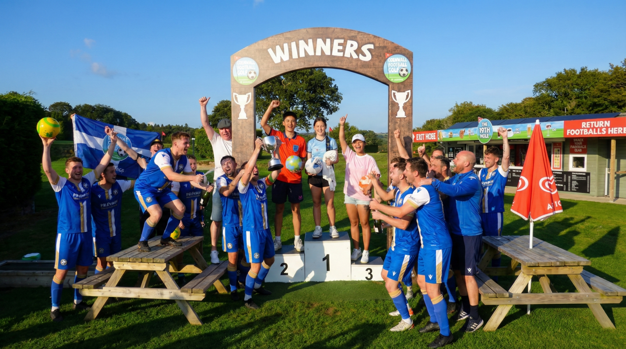 group of footballers celebrating their season in front of the podium at cornwall footballgolf