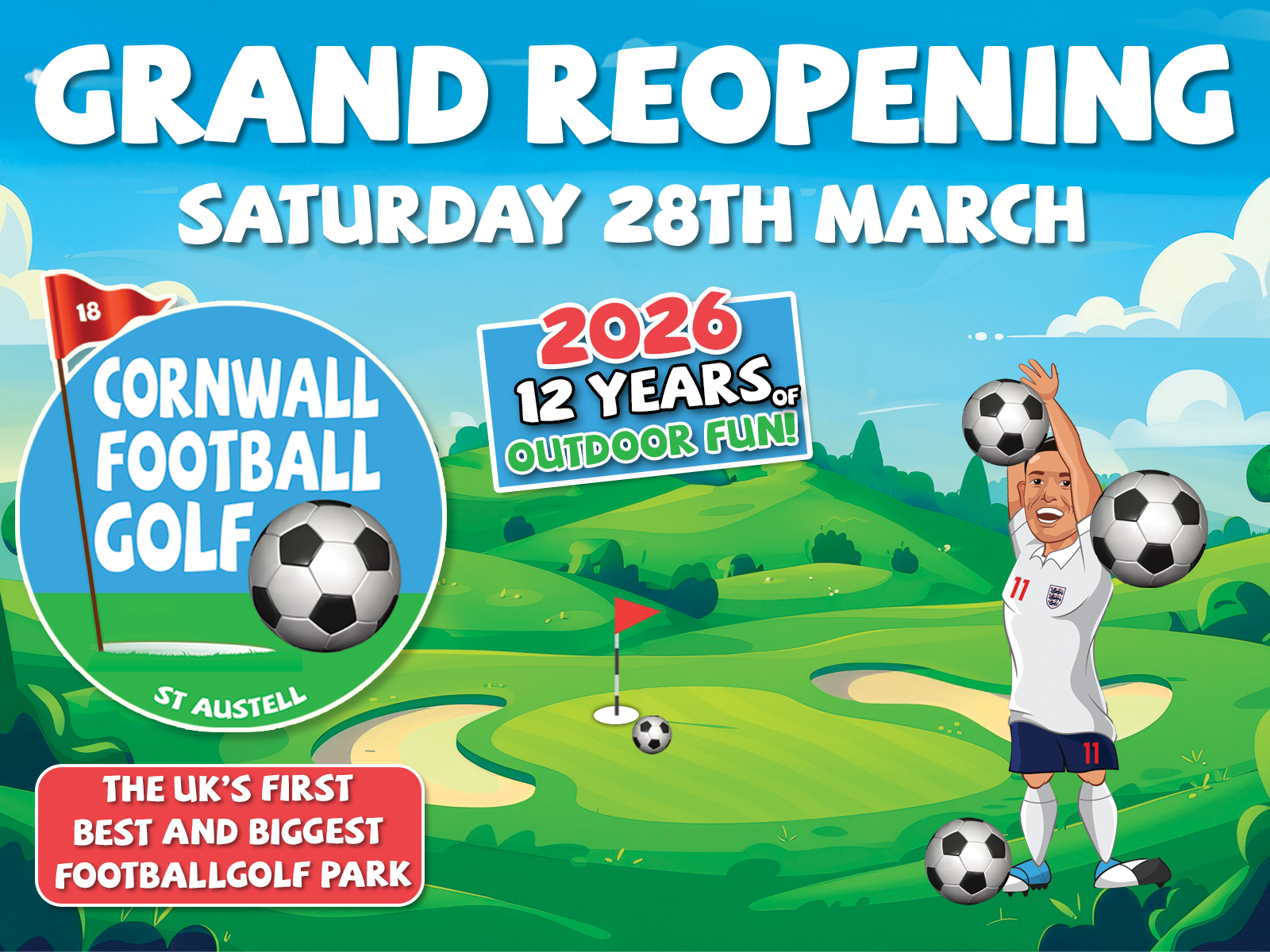 Footballgolf Reopening for the 2026 season - Cornwall Footballgolf Graphic showing the grand reopeing of footballgolf on the 28th March 2026