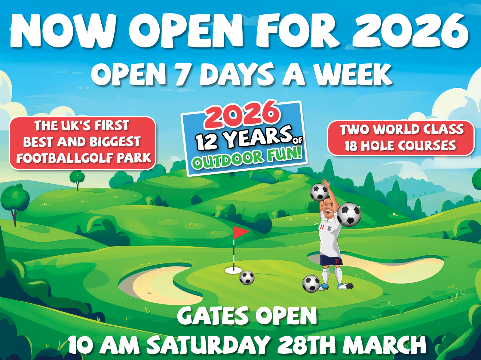 Graphic showing footballgolf is open for the 2026 season
