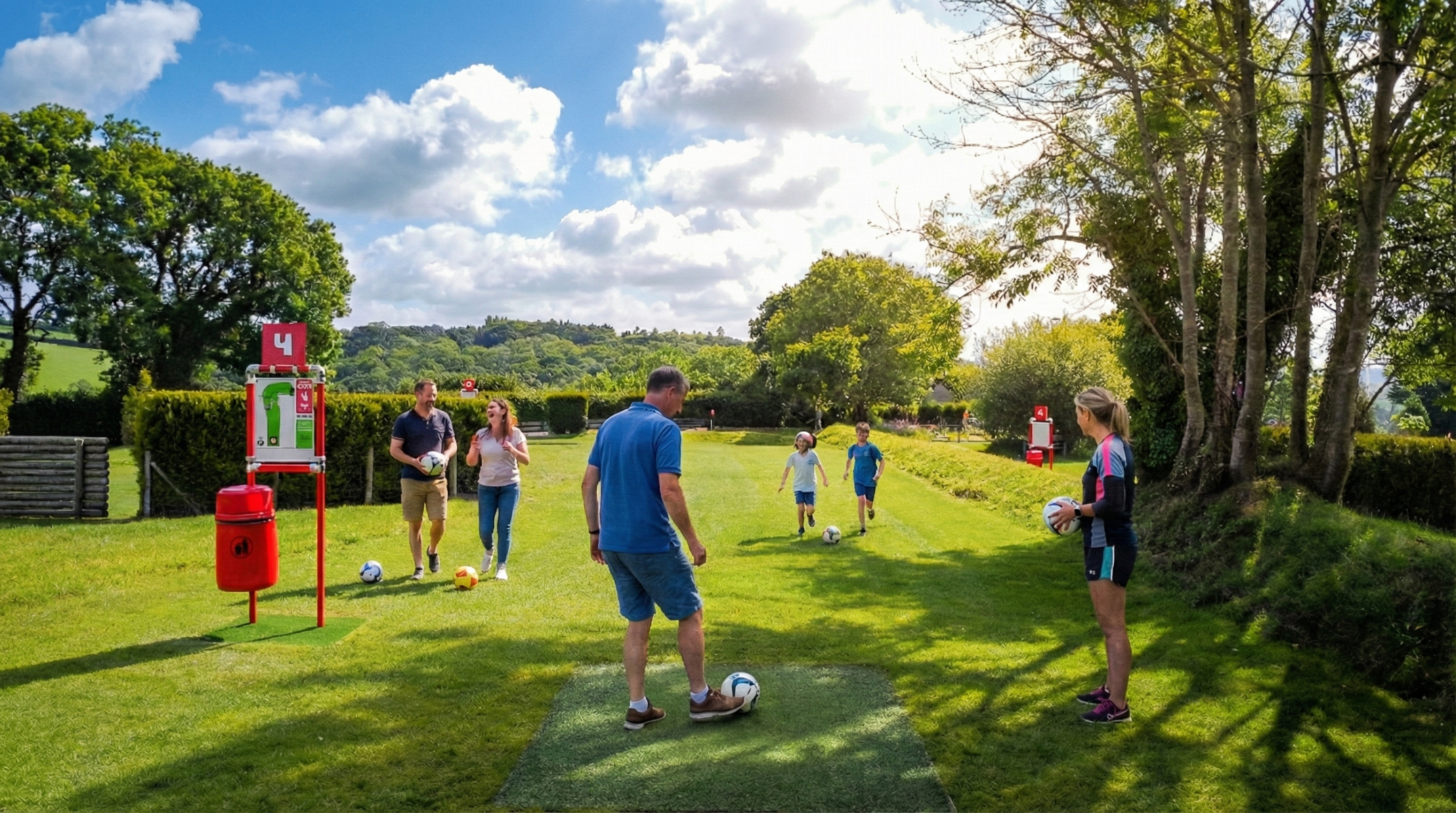 Man teeing off playing footballgolf at cornwall footballgolf park Man teeing off playing footballgolf at cornwall footballgolf park