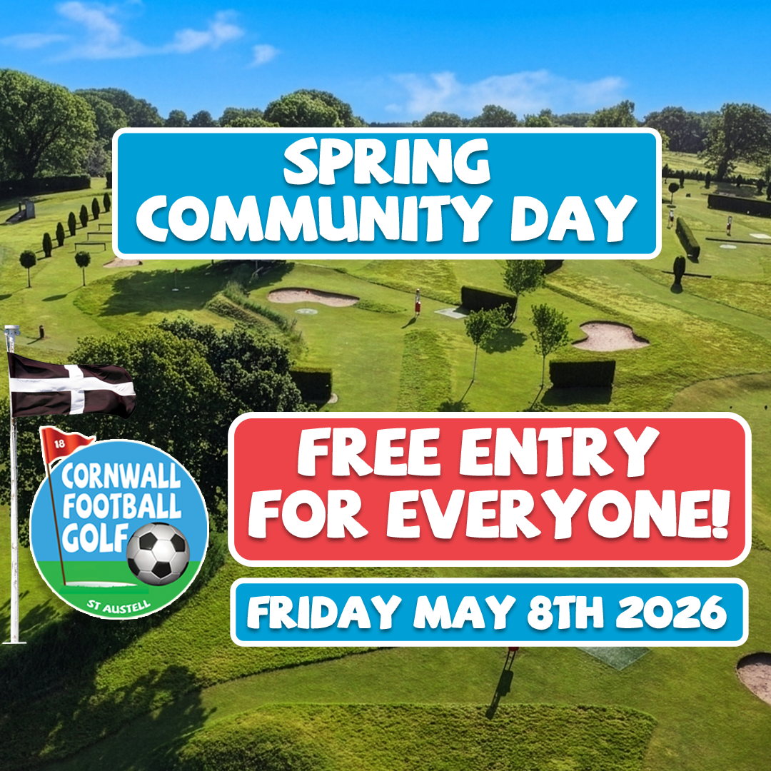 Visual graphic promoting Cornwall Footballgolf's free community day