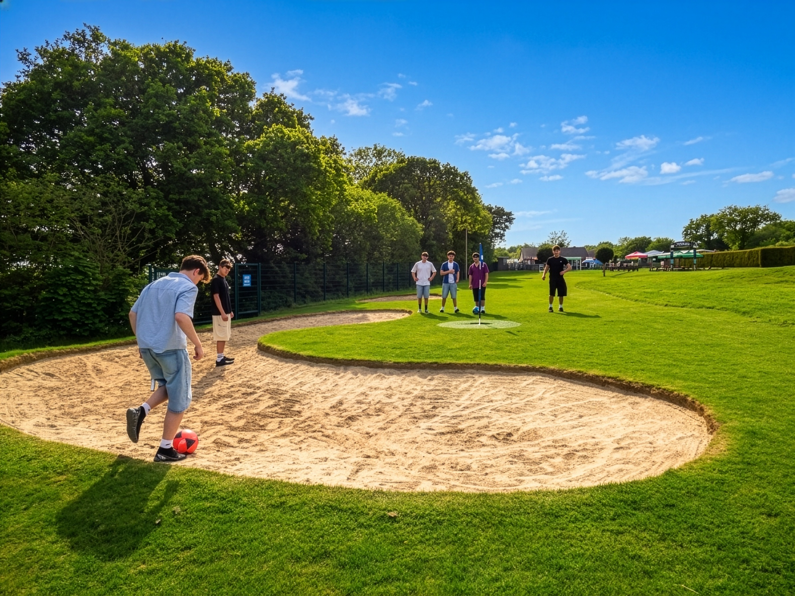 Boy Kicking a football out of a footballgolf bunker on fathers da