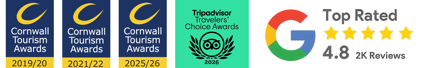 Top Rated Cornish Attraction - Cornwall Footballgolf - Cornwall Footballgolf Collage of award badges: Cornwall Tourism Awards 2019/20, 2021/22, 2025/26; TripAdvisor Travelers’ Choice Awards 2026; Google Top Rated with 4.8 rating and 2K reviews.