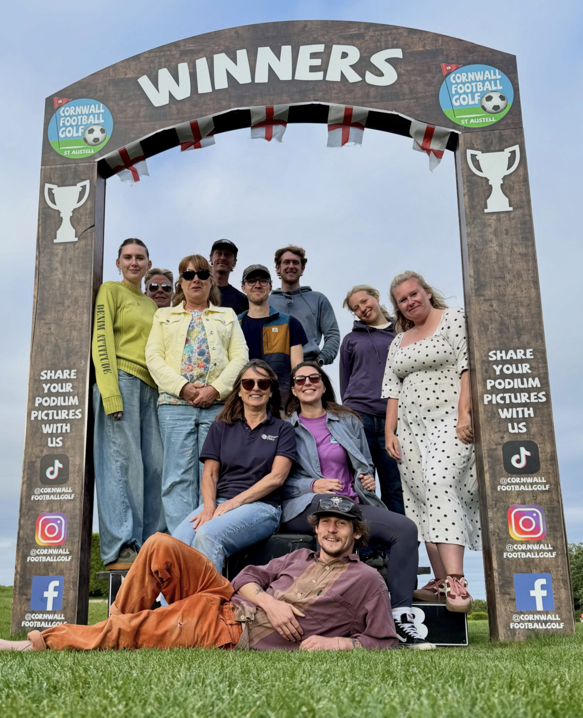 Things to do in Cornwall This Summer - Cornwall Footballgolf - Cornwall Footballgolf Group of FootballGolfers on the winners podium at cornwall footballgolf